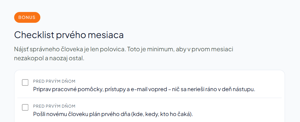 Ukážka onboarding checklistu